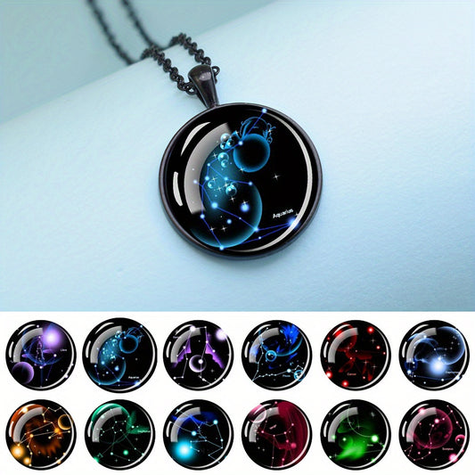 Glow-in-the-Dark Zodiac Pendant Necklace - Unisex Alloy & Glass Constellation Jewelry with Black Chain, Luminous Birthday Gift for Men & Women, Starry Night Design in Blue, Purple, Red, Green & More, Zodiac Necklace
