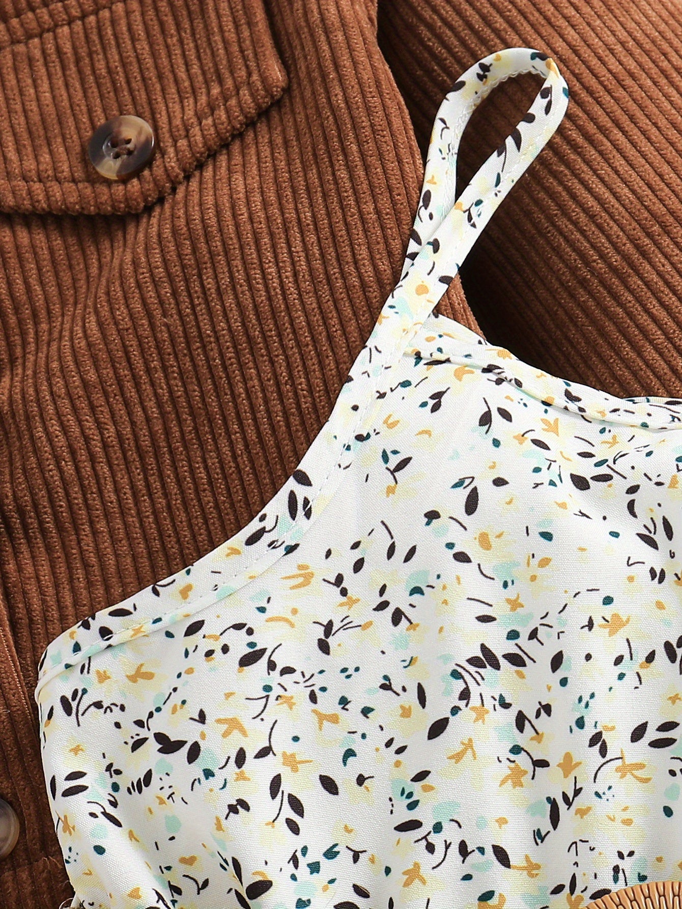 Girl's Casual Outfit 2pcs, Corduroy Jacket & Floral Pattern Dress Set, Kid's Clothes For Spring Autumn Summer