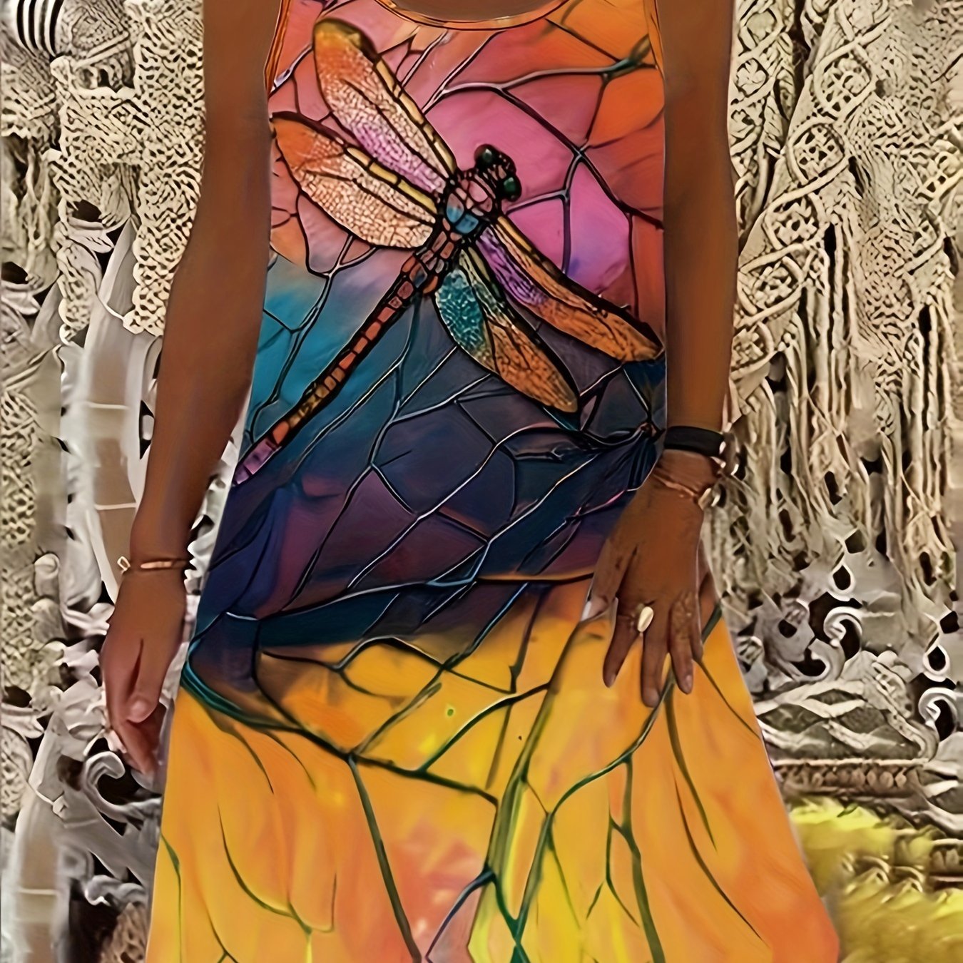 Plus Size Dragonfly Print Tank Dress, Casual Sleeveless Dress For Spring & Summer, Women's Plus Size Clothing