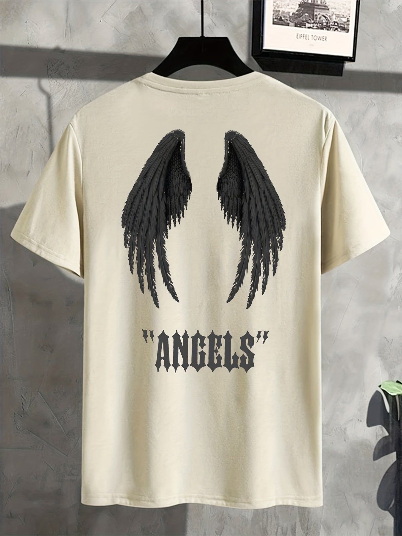 Mens Angel Wings Graphic Tee - Fashionable Casual Wear - Comfortable Solid Color Stretch Tee for Spring Summer - Lightweight Round Neck Design for Daily Style