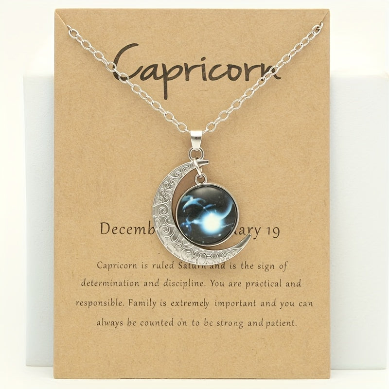 1pc Retro Glow-in-the-Dark Zodiac Moon Pendant Necklace - Vintage Style, Zinc Alloy with Glass Accents, Adjustable Chain for Women - Ideal for Daily Wear & Gifting, Zodiac Jewelry, Gift Jewelry, Vintage Jewelry, Durable Jewel
