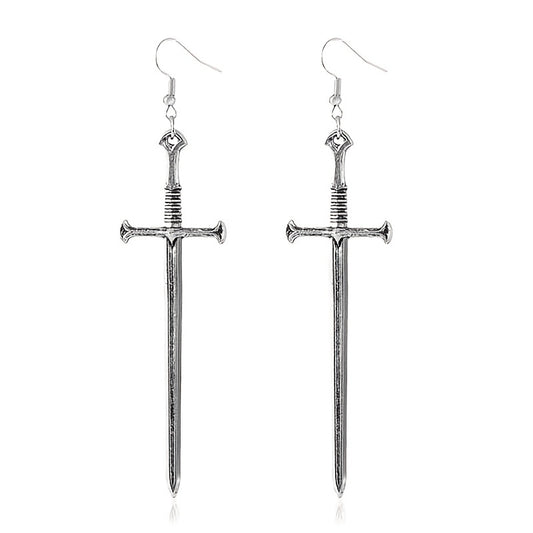 Dark Punk Vintage Silvery Cross Sword Dangle Earrings Long Gothic Medieval Exaggerated Dagger Cool Fashion Women Mystical Jewelry Gifts