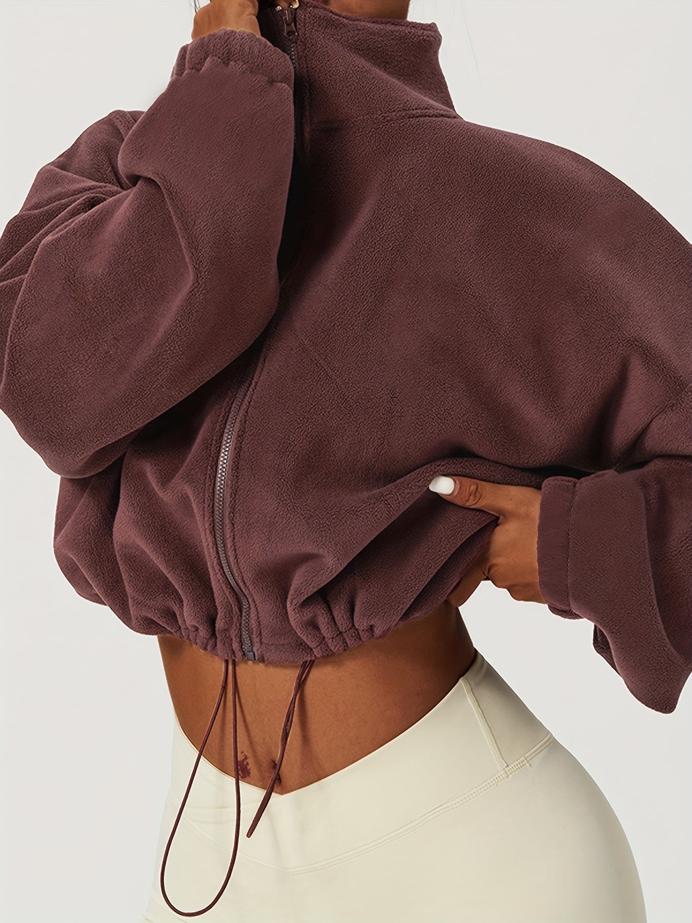 Chic Zip-Up Fleece Crop Jacket for Women - Stretch Comfort, Warm High Neck, Long Sleeve, Perfect for Sporty Outdoor Fall/Winter Activities