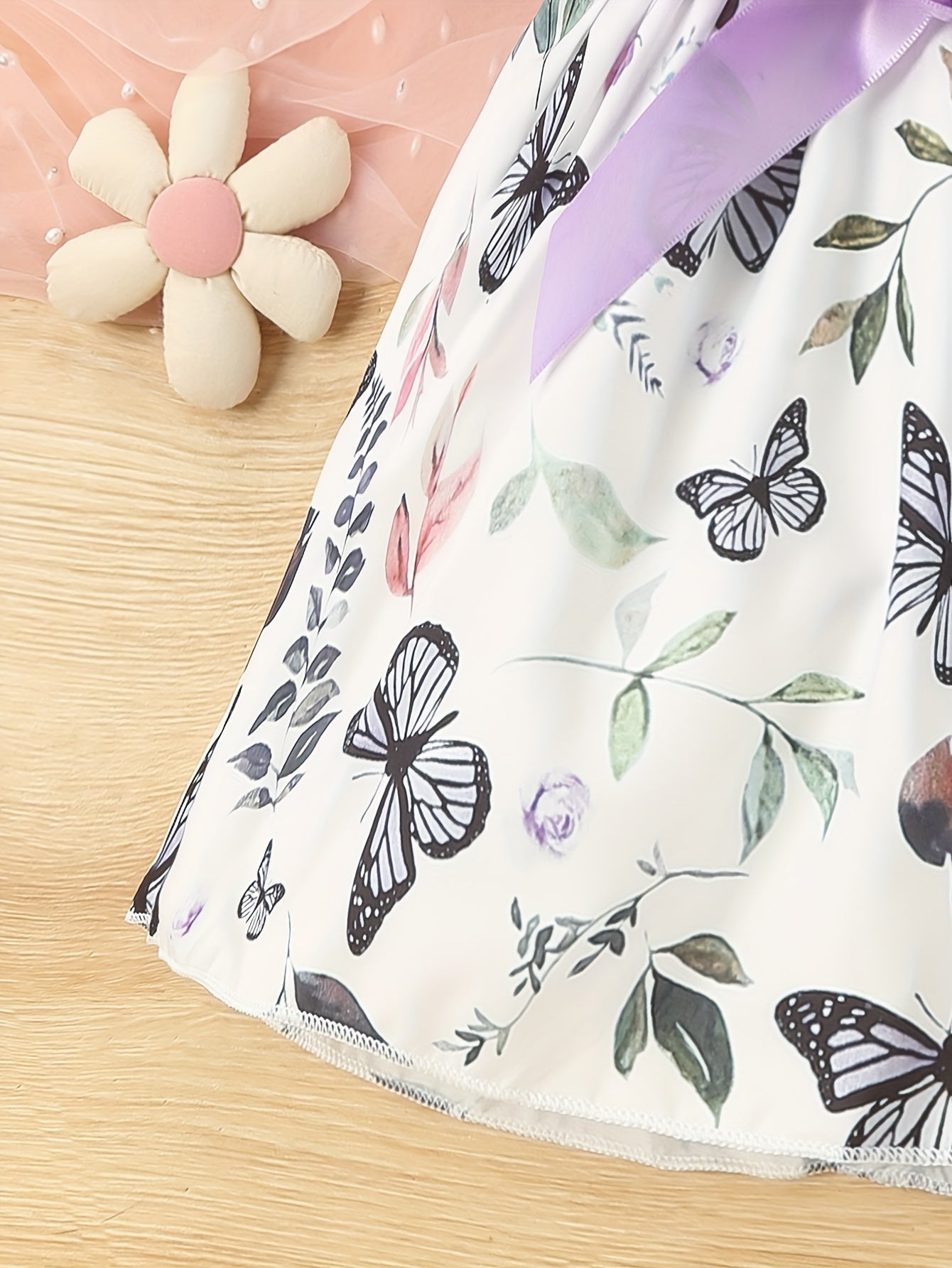 Baby Girls Cute Butterfly Graphic Print Ruffled Sleeve Belted Dress, Kids Summer Comfortable Clothes