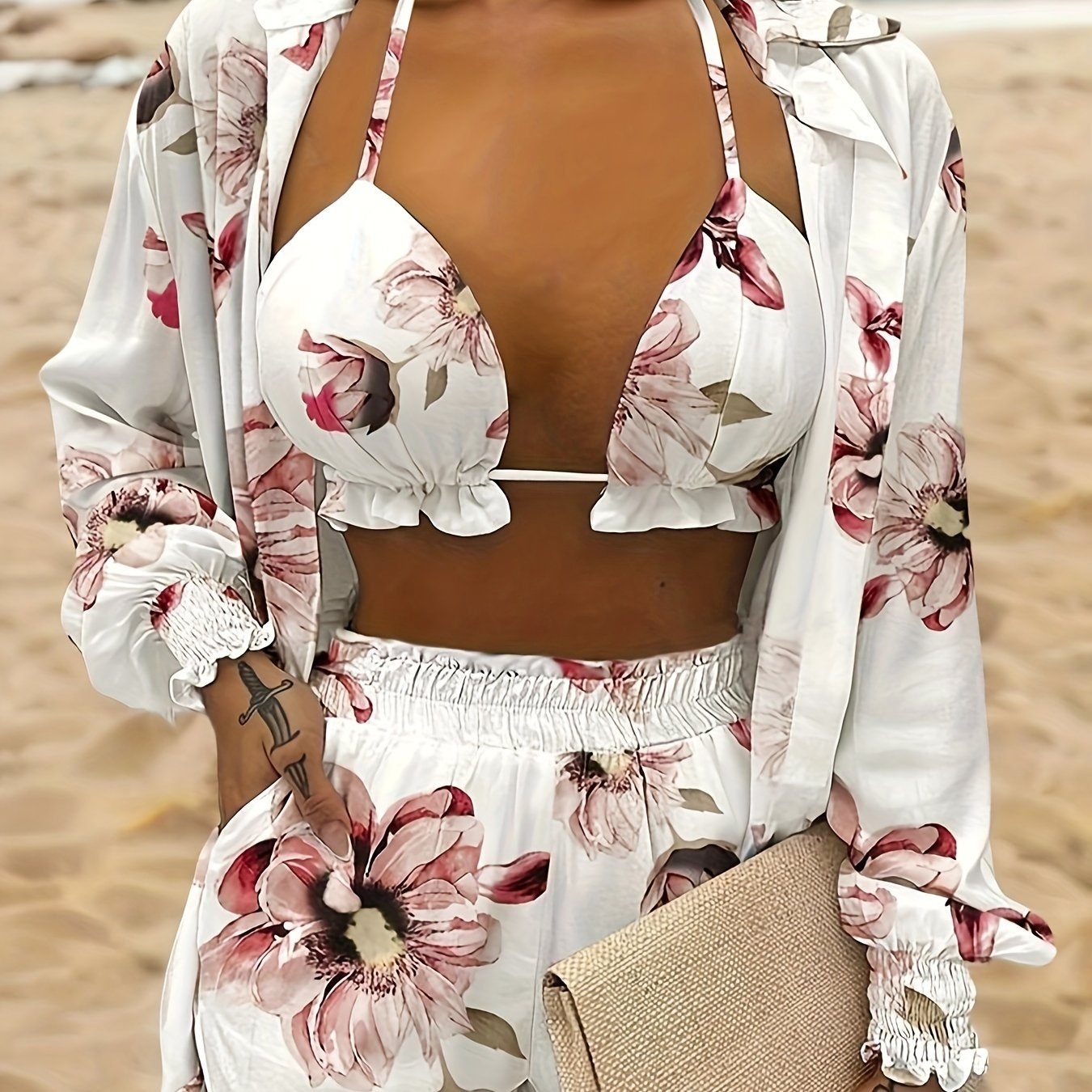 3pcs Vibrant Summer Women's Outfit: Sexy Red Halter Top & Floral Print Shorts Set with Sheer Long Sleeve Shirt - Polyester Blend, Machine Washable, Perfect for Vacation, Sexy, New Style, Print, 3pcs Set, Women's Clothing
