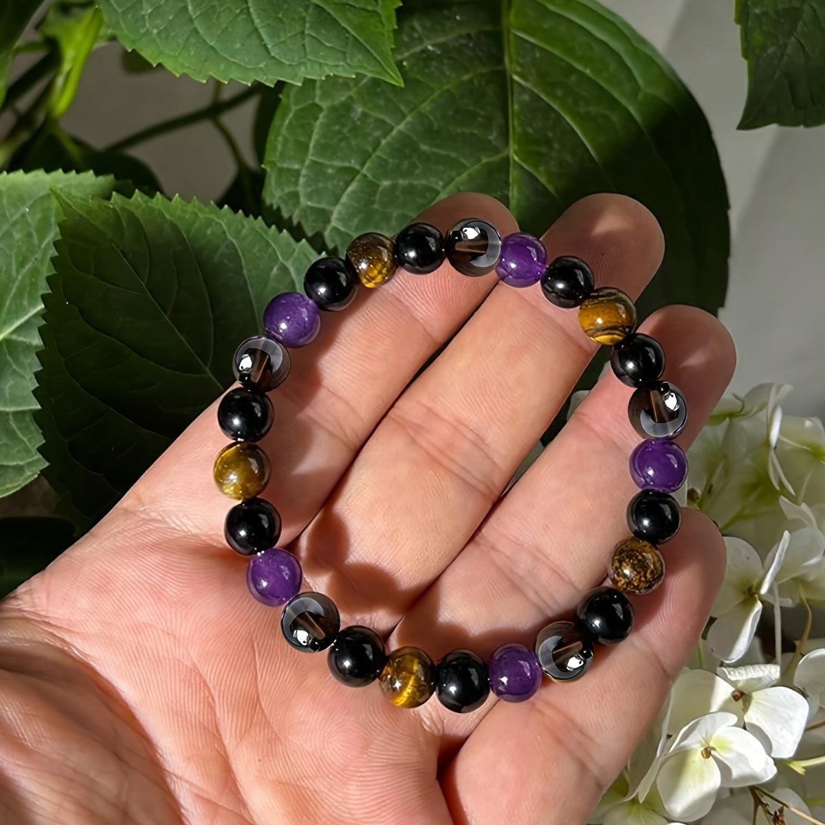 1pc Natural Tiger Eye & Amethyst Beaded Bracelet, Elastic Protection Healing Crystal Bracelet for Men and Women, Energy Balancing Unscented Solid Jewelry Gift
