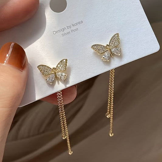 2pc One Two Wear Faux Diamond Butterfly Earrings Fairy Tassel Long Temperament Light Luxury Earrings, Ideal choice for Gifts