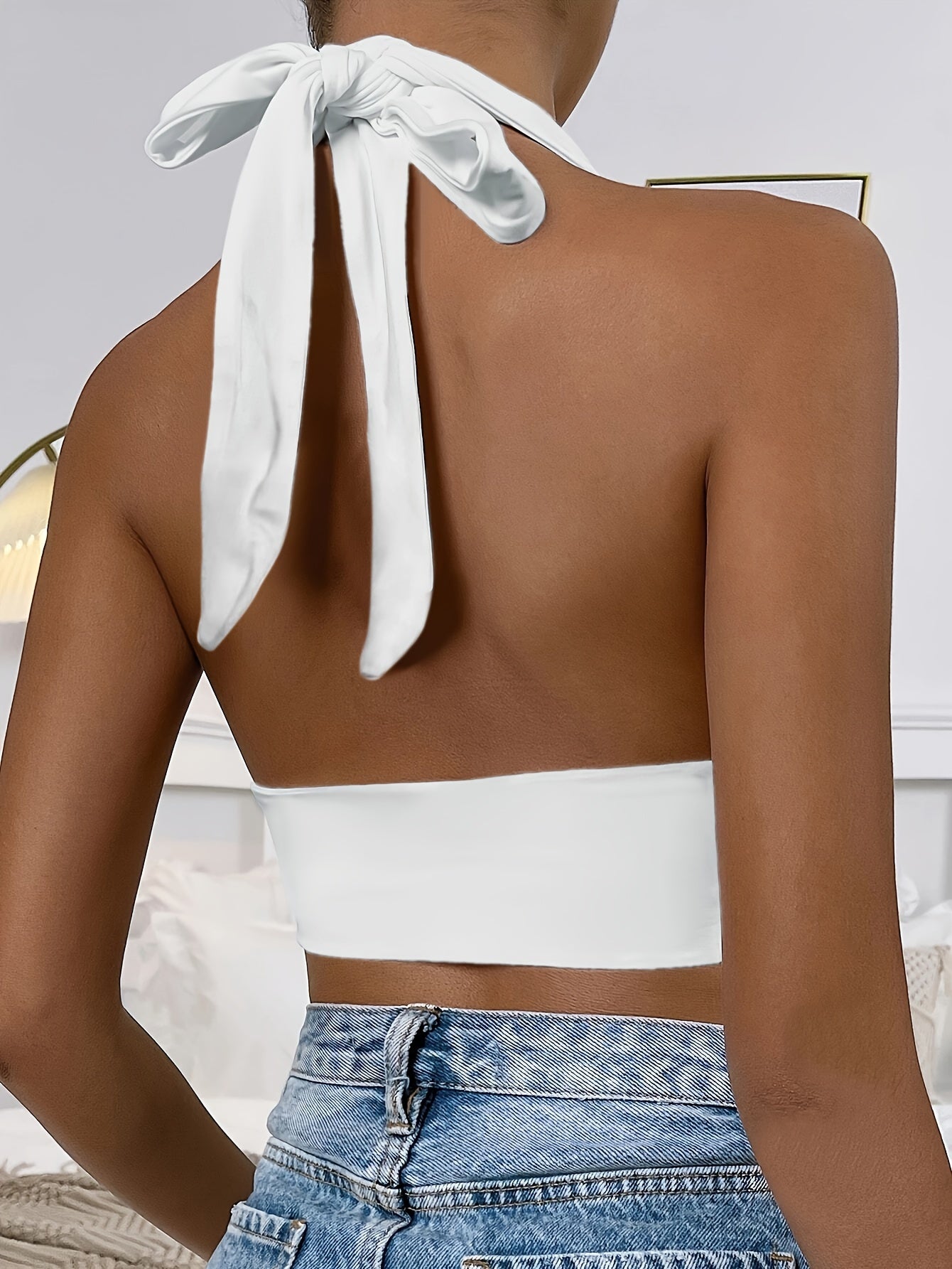 1pc Elegant Orange Halter Neck Backless Crop Top - High Stretch, Deep V-Neckline, Sleeveless Tank for Women, Perfect for Casual or Stylish Outfits, Casual Chic Top | Backless Dress | Stretchy Fabric