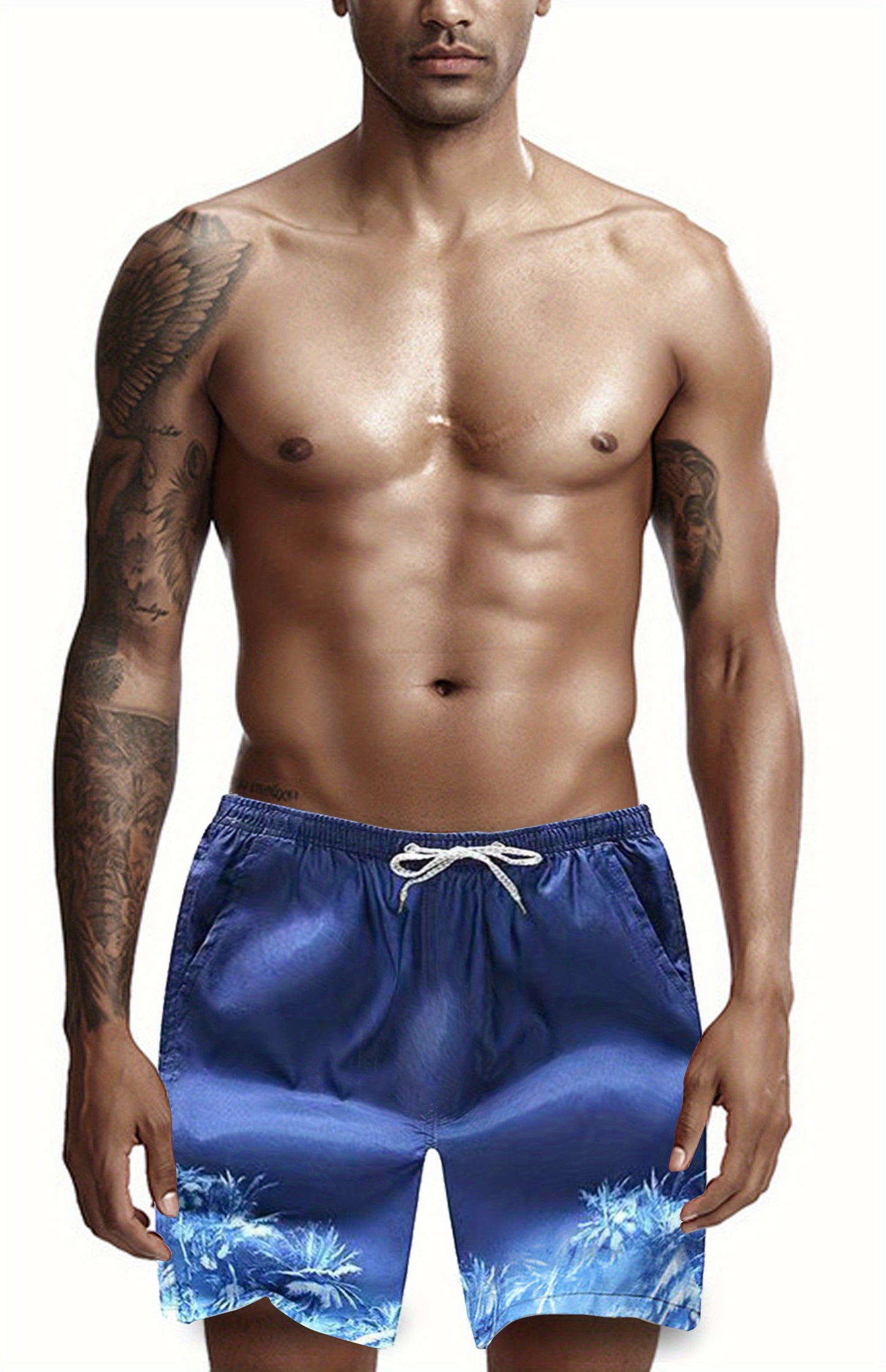 Mens Palm Tree Tropical Swim Trunks - Fast-drying Board Shorts with Mesh Lining - Adjustable Drawstring Waist for Swimming, Surfing, and Summer Beach Fun - Perfect for Pool, Vacation, and Beachwear