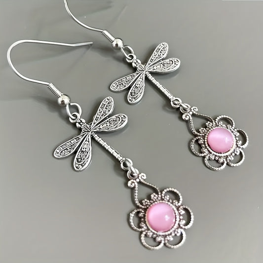 Boho Silvery Dragonfly Filigree Earrings with Pink Moonstone Drop Dangle Earrings Jewelry Gift for Women