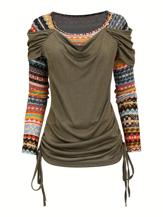 Long Sleeve Ethnic Pattern 1pc Y2K Style Women's T-Shirt, Textured Cross-Section Design with Faux Button Detail, Knit Polyester Top for All-Season Fashion