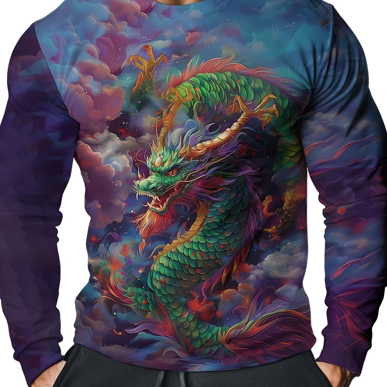 Men'S Long Sleeve Crew Neck T-Shirt, Casual Polyester Knit Fabric with Slight Stretch, All Over 3D Dragon Print, for Spring/Fall