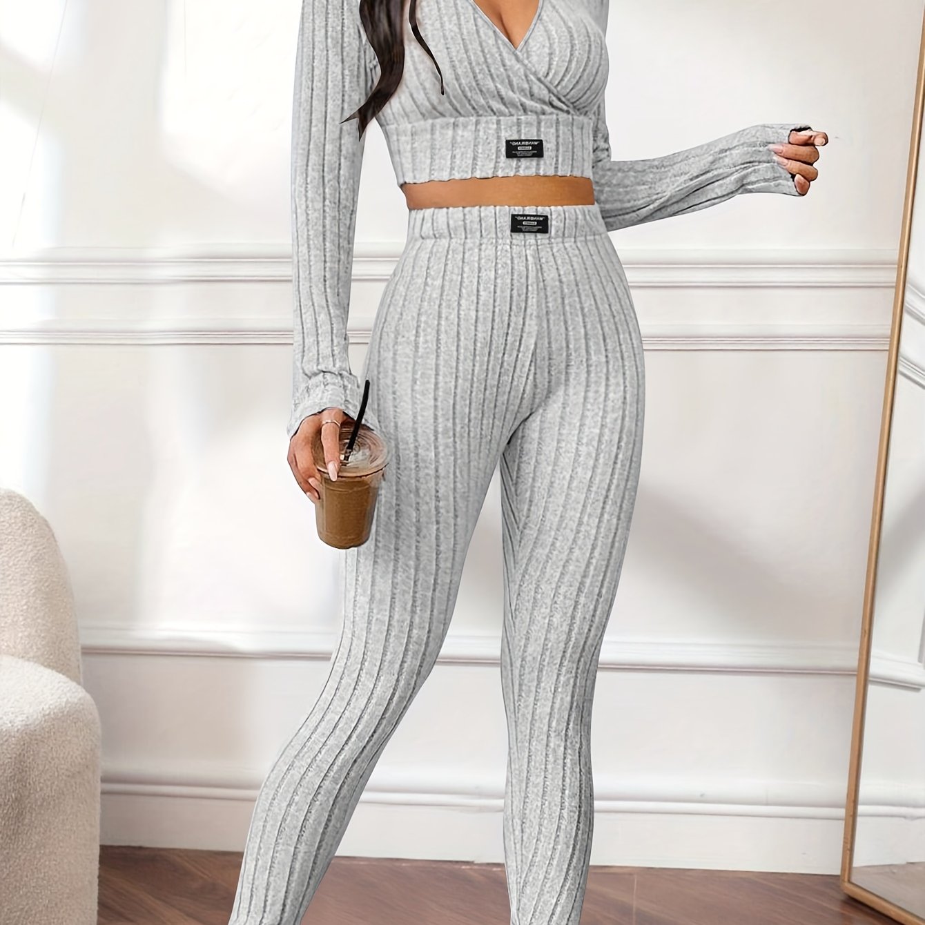 Flattering Ribbed Two-piece Outfit Set - V-Neck Long Sleeve Crop Top & Pants - Casual Chic Style for Women