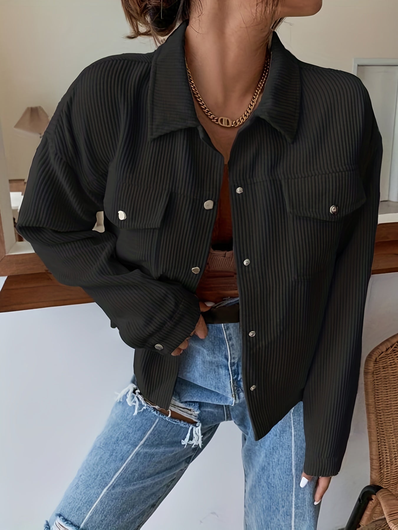 Long Sleeve Corduroy Bomber Jacket - Classic Lapel Collar, Button Front, Single Breasted, Split Sleeve, Regular Fit - Perfect for Weekend Casual, Spring/Fall Season