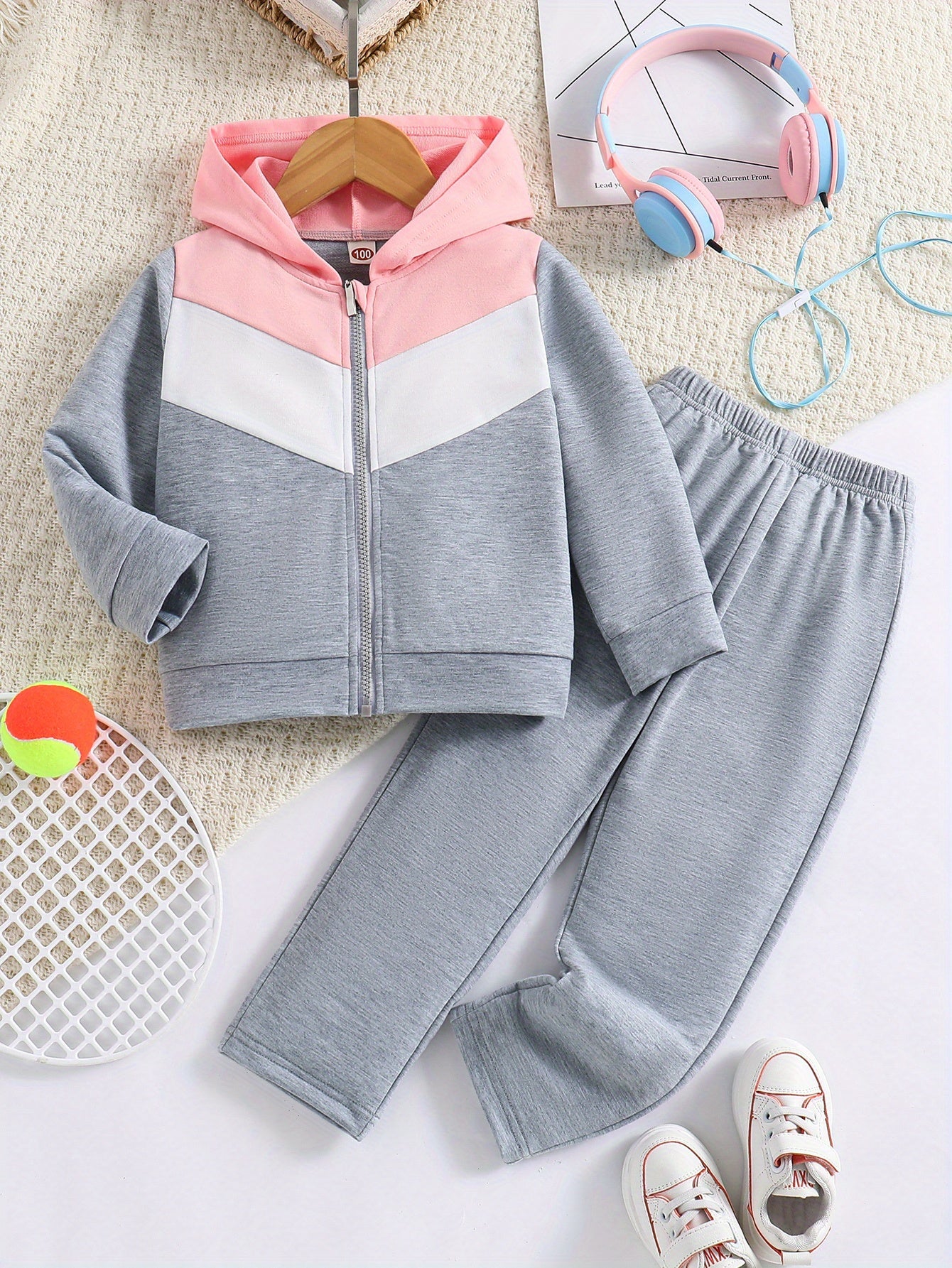 2pcs Girl's Zipper Hoodie Outfit, Color Clash Jacket & Pants Set, Sporty Style, Toddler Kid's Clothes For Spring Fall