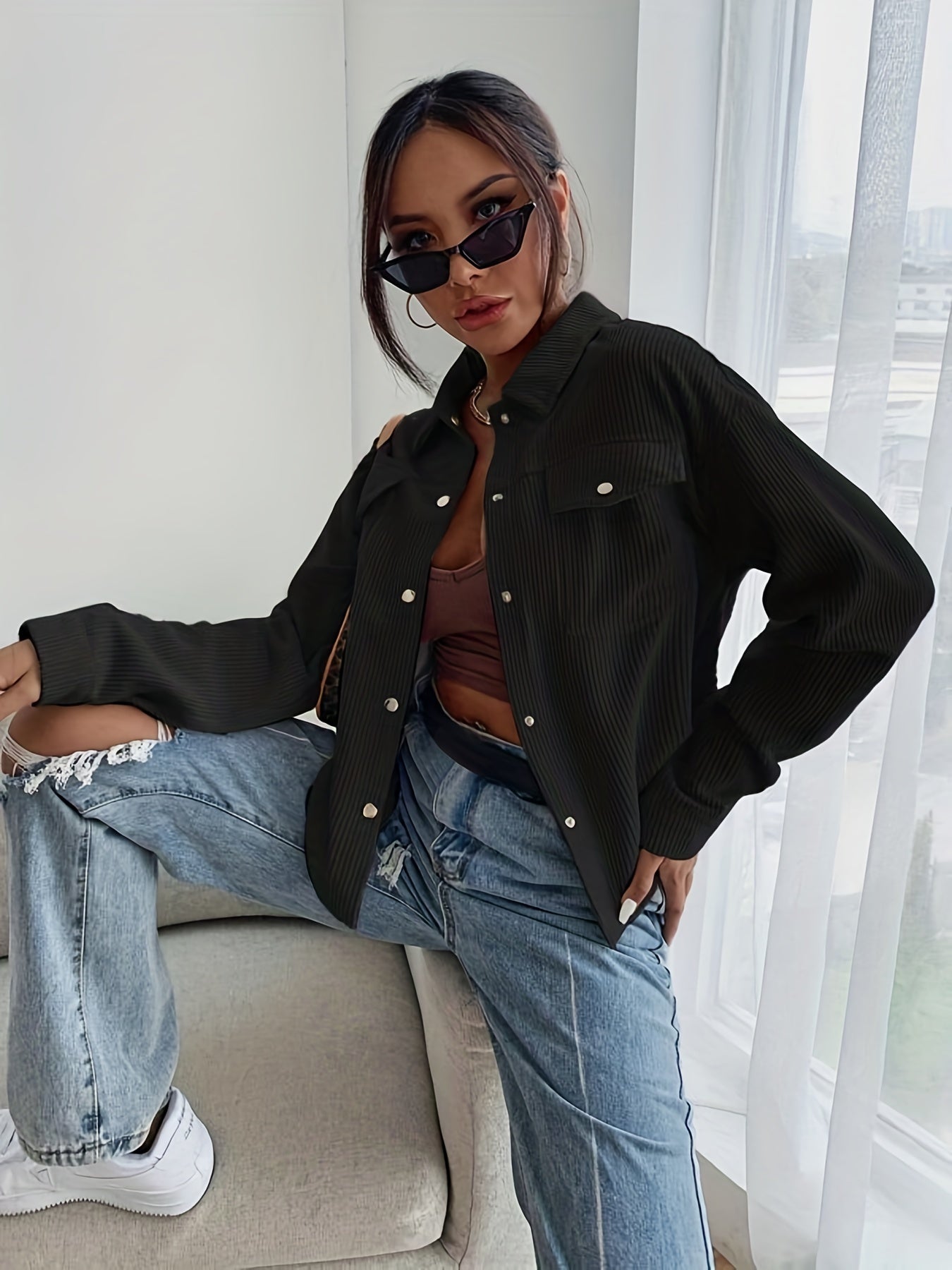 Long Sleeve Corduroy Bomber Jacket - Classic Lapel Collar, Button Front, Single Breasted, Split Sleeve, Regular Fit - Perfect for Weekend Casual, Spring/Fall Season