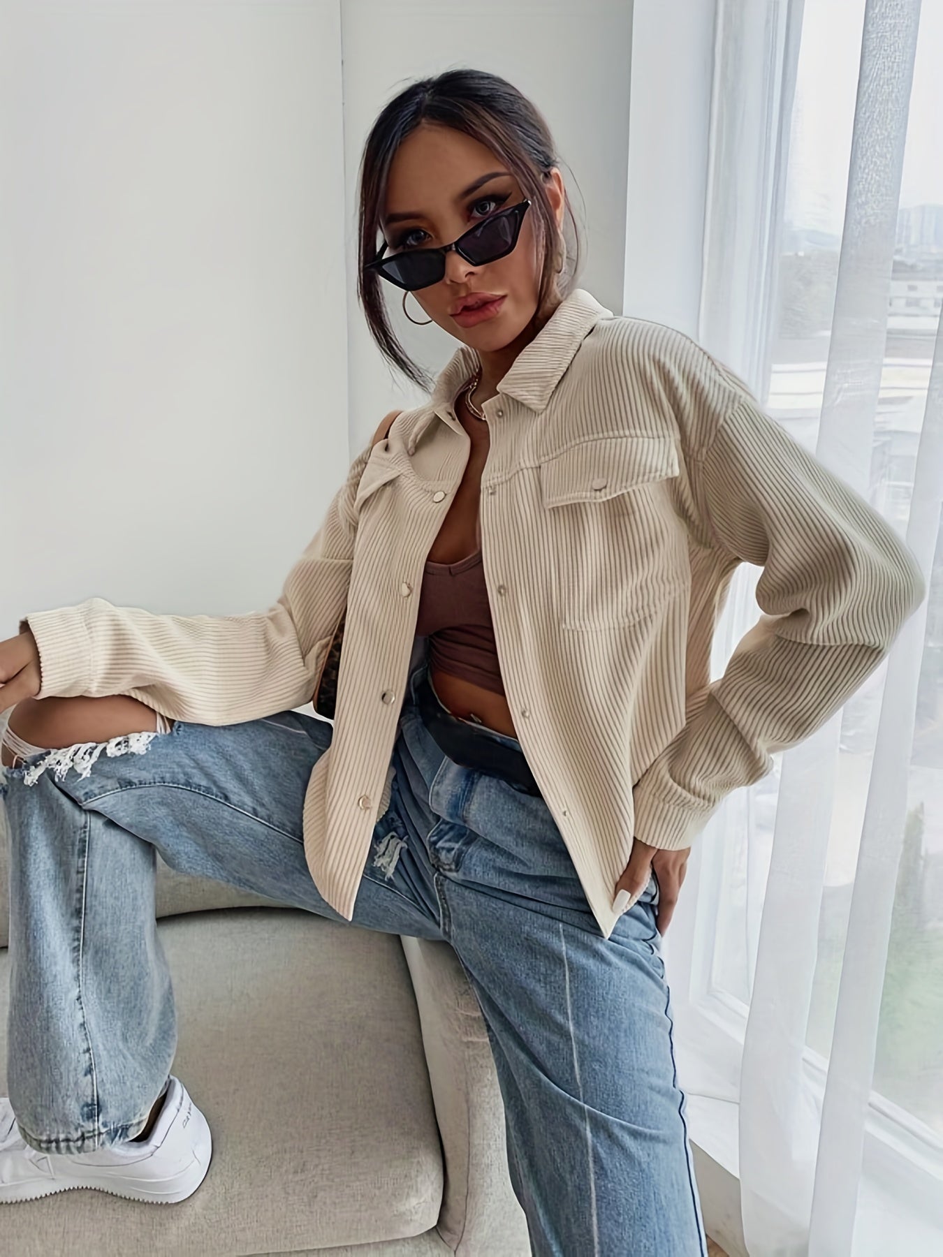 Long Sleeve Corduroy Bomber Jacket - Classic Lapel Collar, Button Front, Single Breasted, Split Sleeve, Regular Fit - Perfect for Weekend Casual, Spring/Fall Season