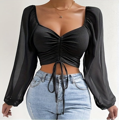 Drawstring Sweetheart Neck Crop Top, Casual Illusion Lantern Sleeve Top For Spring & Fall, Women's Clothing