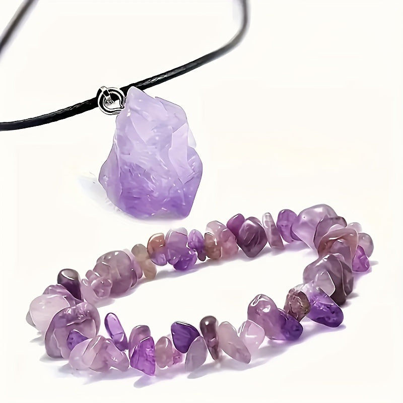 Healing Crystal Amethyst Necklace and Bracelet Set - Natural Gemstone Energy Jewelry for Men and Women - Perfect Gift for Couples - 2pcs/Set