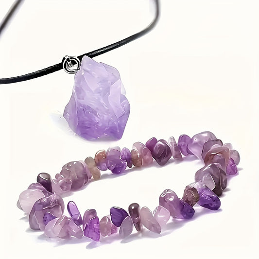 Healing Crystal Amethyst Necklace and Bracelet Set - Natural Gemstone Energy Jewelry for Men and Women - Perfect Gift for Couples - 2pcs/Set