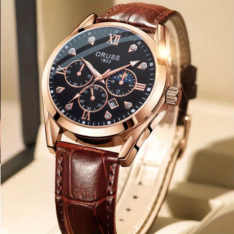 Mens Round Quartz Watch - Funky PU Leather Strap, Non-Waterproof, Electronic Pointer Display, Alloy Case, Ideal Gift for College Gentleman