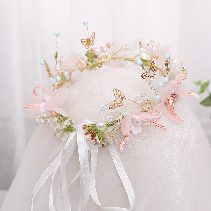 Delicate Butterfly Flower Headband - Handmade Floral Wreath Crown for Flower Girl, Bridal Hair Accessories, Wedding Party Supplies, Soft Fabric, Adjustable One-Size-Fits-All Design