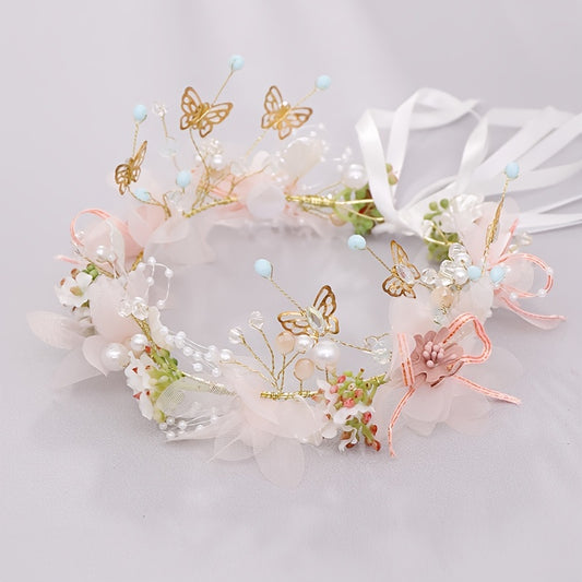 Delicate Butterfly Flower Headband - Handmade Floral Wreath Crown for Flower Girl, Bridal Hair Accessories, Wedding Party Supplies, Soft Fabric, Adjustable One-Size-Fits-All Design