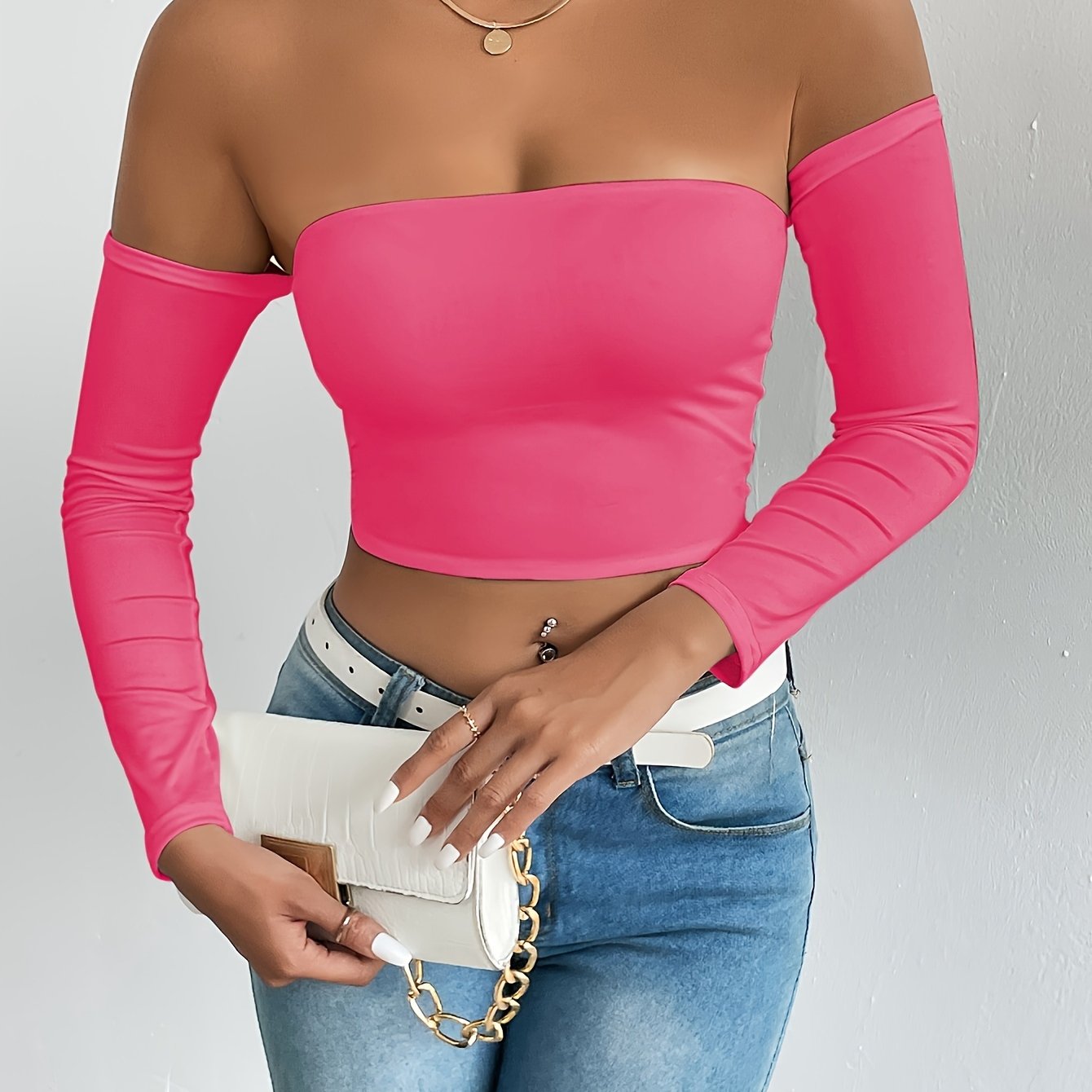 Solid Color Off-shoulder Crop Top, Sexy Long Sleeve Slim Top, Women's Clothing
