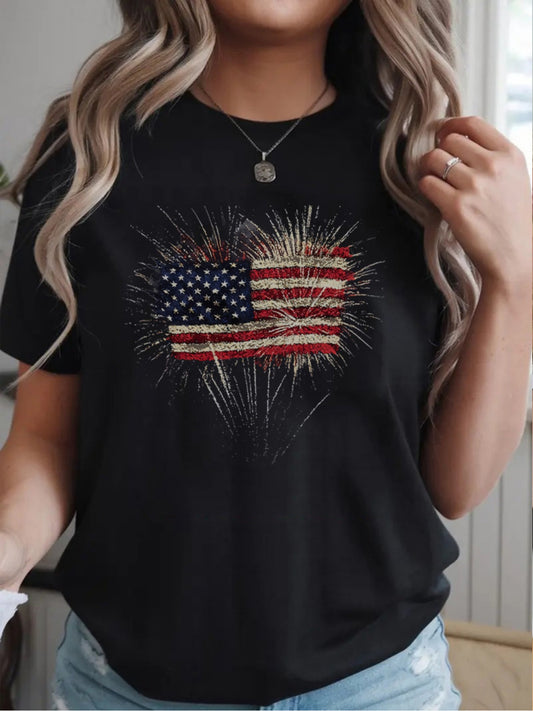 Plus Size Women'S T-Shirt - Soft & Comfortable Casual Round Neck Tee with Patriotic American Flag Fireworks Print, Machine Washable, Perfect for