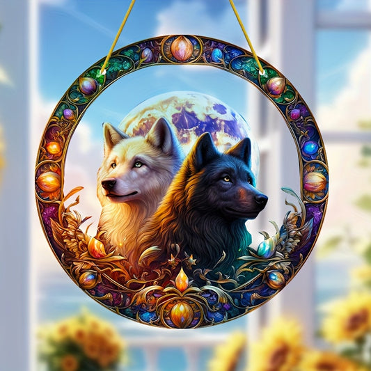 Mystic Wolf Suncatcher with Yin Yang Design, Acrylic Sun Catcher, Birthday Gift for Dad, Home, Lover & Friends, Wolf Themed Moon Decor, Perfect for Room, Bedroom, Living Room, Outdoor Garden - 8 Inches