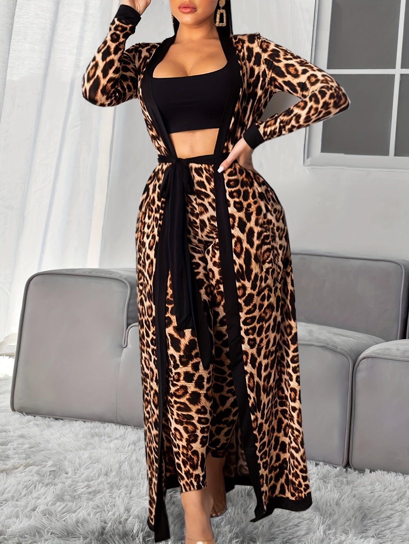 Leopard Print Lounge Set, Long Sleeve Robe With Belt & Strapless Crop Top & Pants, Women's Loungewear & Sleepwear