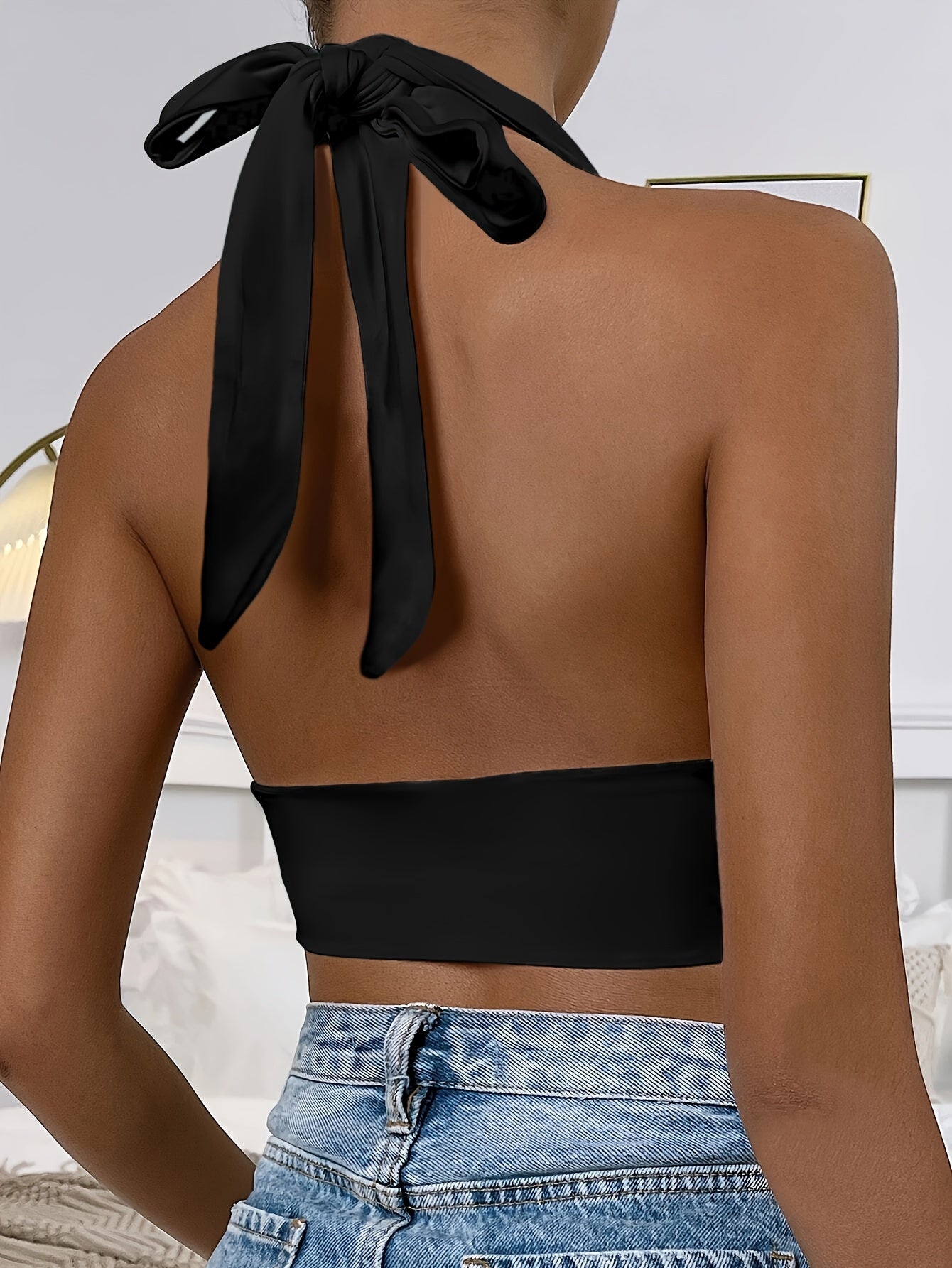 1pc Elegant Orange Halter Neck Backless Crop Top - High Stretch, Deep V-Neckline, Sleeveless Tank for Women, Perfect for Casual or Stylish Outfits, Casual Chic Top | Backless Dress | Stretchy Fabric
