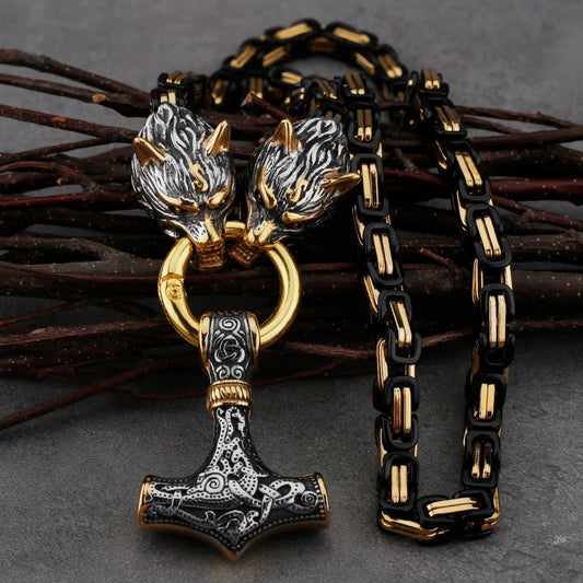 Elegant Men's Stainless Steel Wolf-Head Necklace: Symbolize Strength with this Fashionable Hammer Amulet Chain