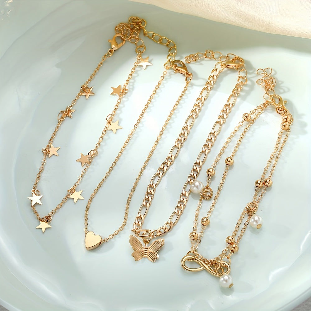 Butterfly Pearl Five-pointed Star Infinity Symbol Love Foot Chain 4pcs Set