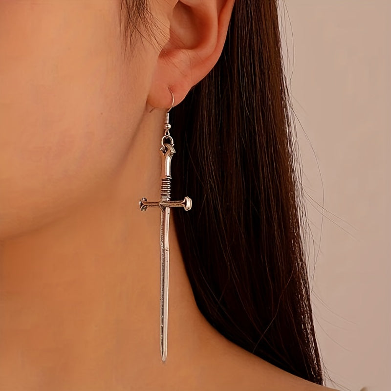 Dark Punk Vintage Silvery Cross Sword Dangle Earrings Long Gothic Medieval Exaggerated Dagger Cool Fashion Women Mystical Jewelry Gifts