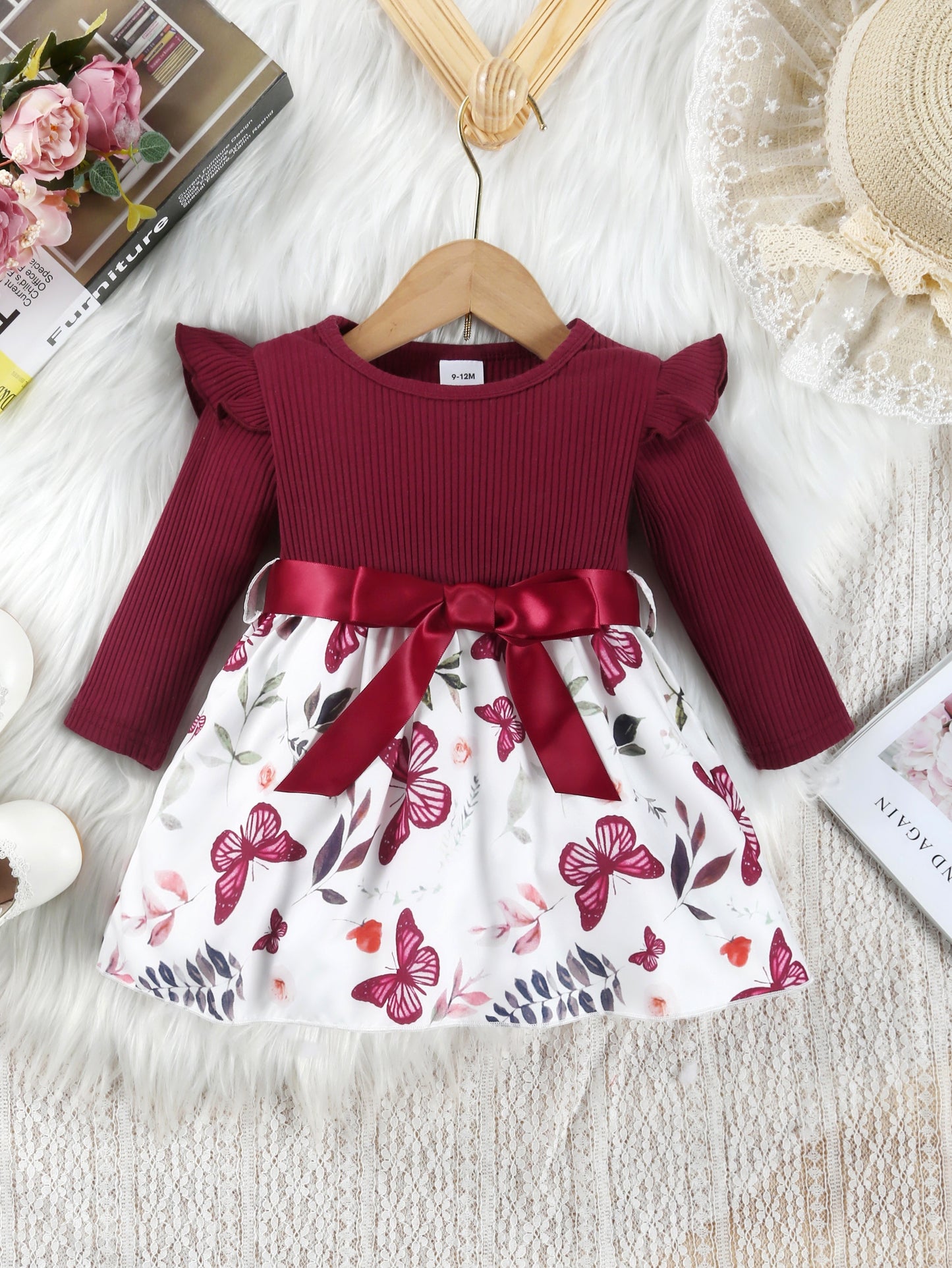Baby Girls Cute Butterfly Graphic Print Ruffled Sleeve Belted Dress, Kids Summer Comfortable Clothes