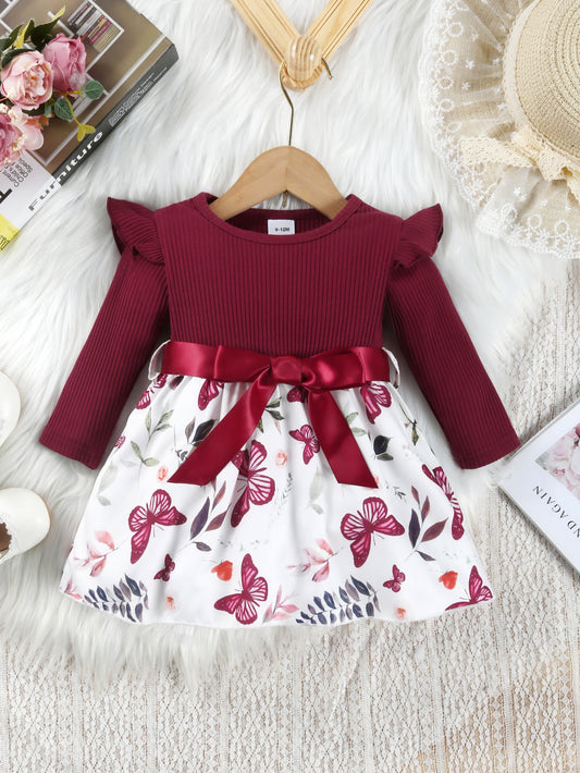 Baby Girls Cute Butterfly Graphic Print Ruffled Sleeve Belted Dress, Kids Summer Comfortable Clothes
