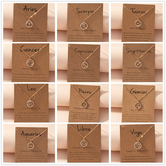 Twelve Zodiac Constellations Pendant Necklace - Elegant Chain, Letter Horoscope, Birthday Blessing Card Included, Unique Astrology Gift for Him/Her, Perfect for Any Occasion