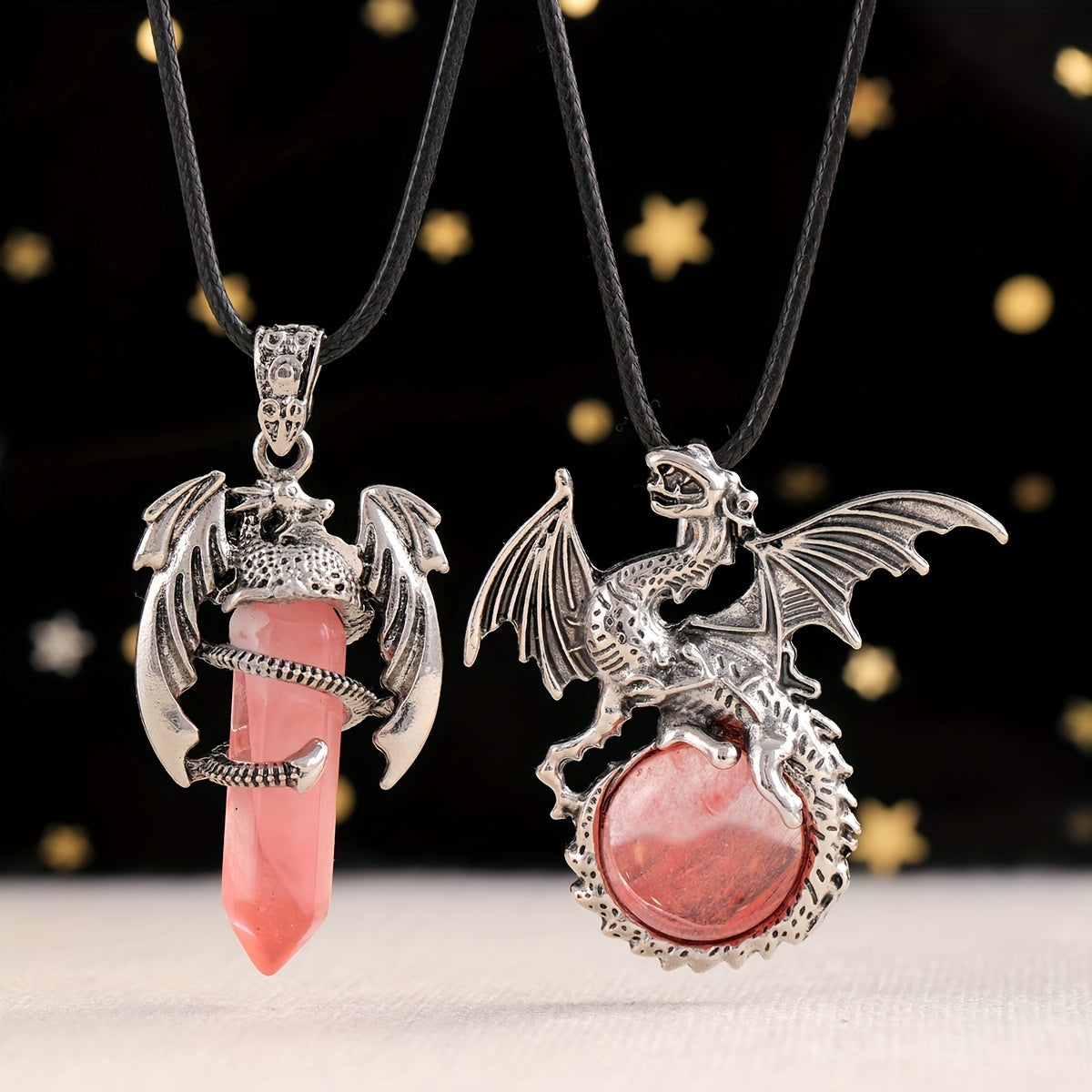 2pcs/set Synthetic Crystal Dragon Necklace Pendants for Men And Women, Retro Cool Artificial Elf Stone Pendants, Christmas, Easter, Flying Dragon Pendant Gift Set