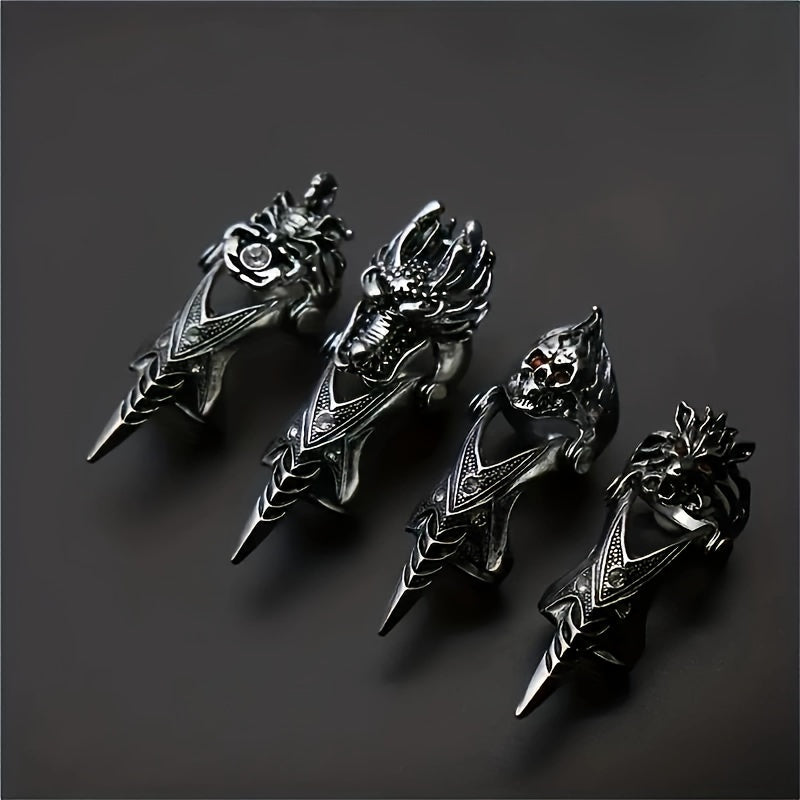 4PCS Vintage Gothic Dragon Claw Rings Set, Unisex Punk Joint Knuckle Full Finger Rings, No Plating Copper Alloy, Fashion Street Nightclub Accessories for Adults