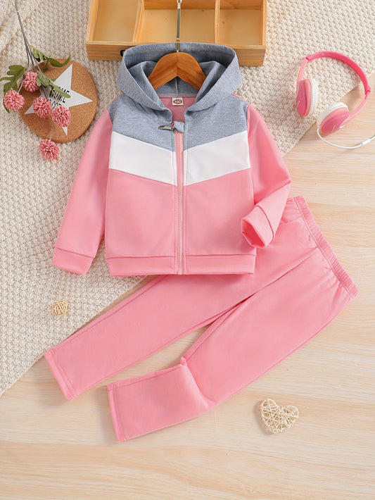 2pcs Girl's Zipper Hoodie Outfit, Color Clash Jacket & Pants Set, Sporty Style, Toddler Kid's Clothes For Spring Fall