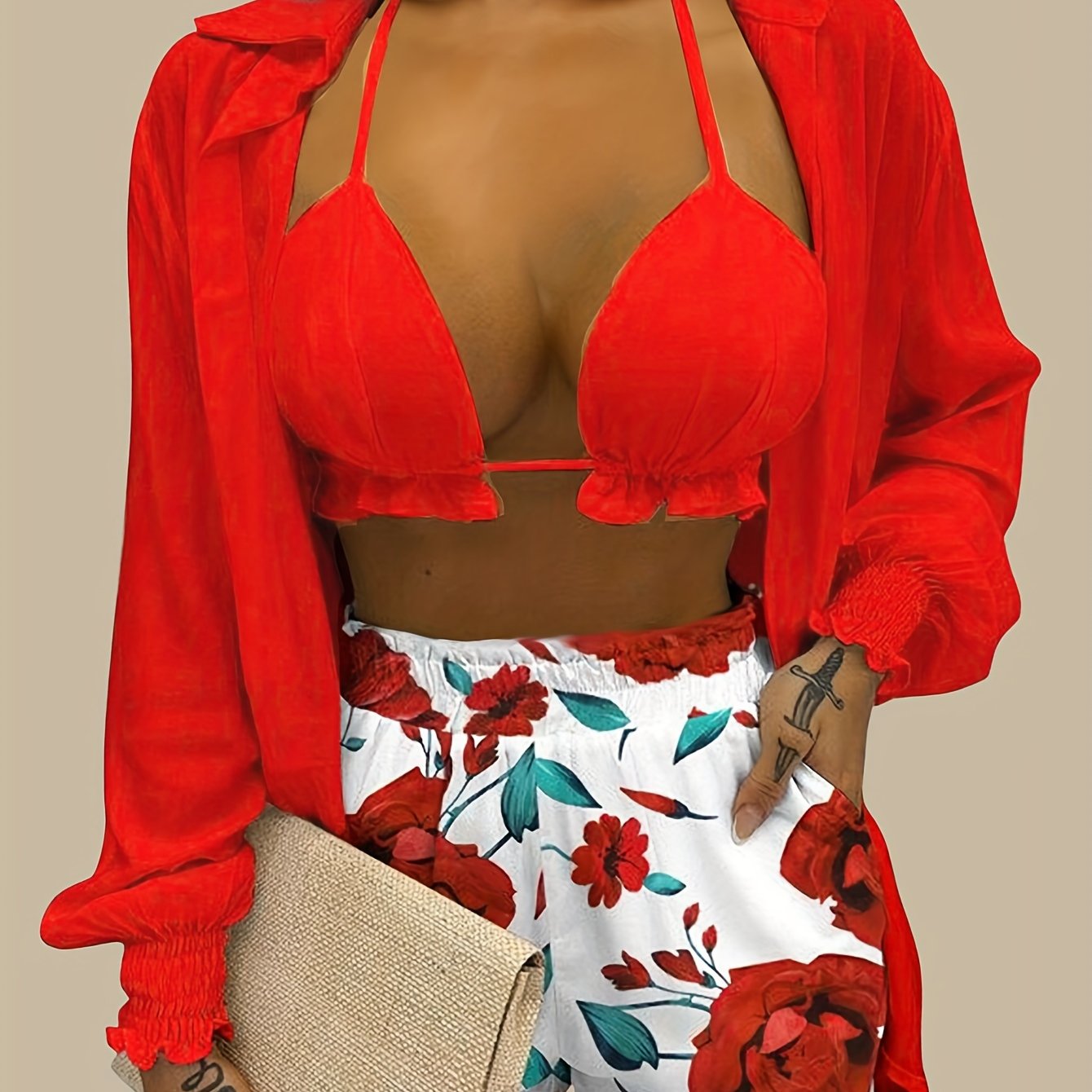 3pcs Vibrant Summer Women's Outfit: Sexy Red Halter Top & Floral Print Shorts Set with Sheer Long Sleeve Shirt - Polyester Blend, Machine Washable, Perfect for Vacation, Sexy, New Style, Print, 3pcs Set, Women's Clothing