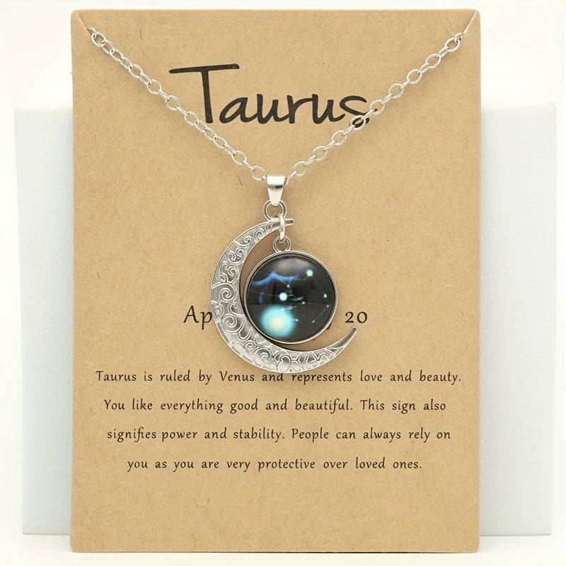 1pc Retro Glow-in-the-Dark Zodiac Moon Pendant Necklace - Vintage Style, Zinc Alloy with Glass Accents, Adjustable Chain for Women - Ideal for Daily Wear & Gifting, Zodiac Jewelry, Gift Jewelry, Vintage Jewelry, Durable Jewel