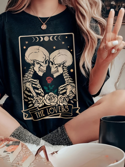 Skull & Rose Tarot-Inspired Women's T-Shirt - Casual Crew Neck, Short Sleeve Top for Spring & Summer, Breathable Polyester Blend