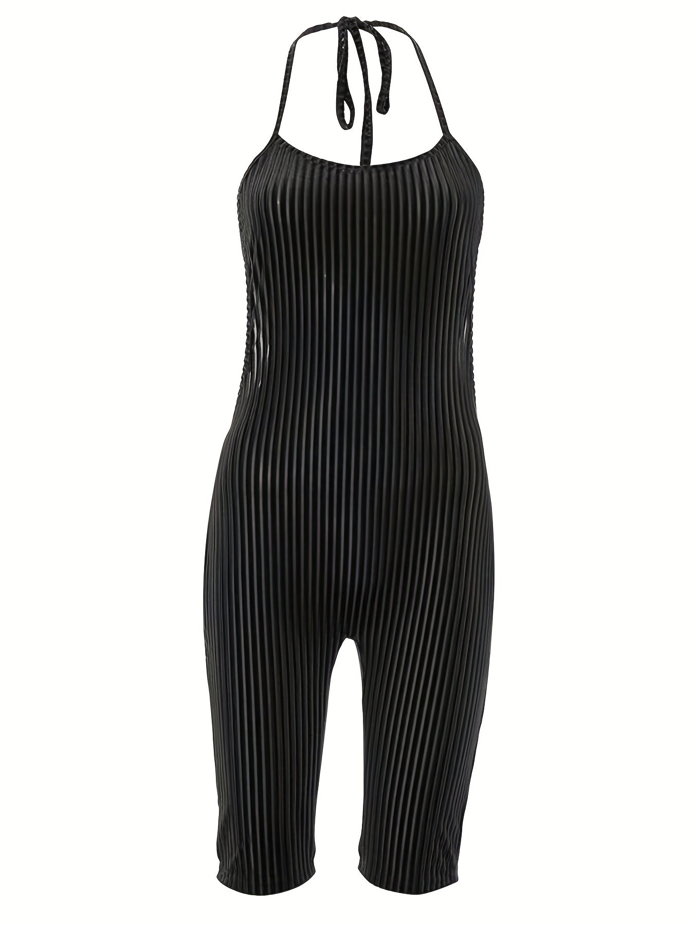 Sexy Velvet Halter Romper for Women - Backless Tie-Up Jumpsuit with Ribbed Texture, Machine Washable, Green, Perfect for Spring/Summer Parties, Plus Rompers And Jumpsuits