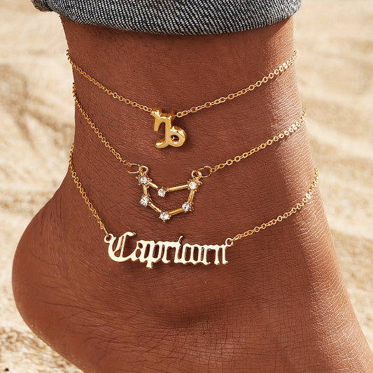 3 Pieces/ Set Golden Zodiac Anklets Set, Bohemian Elegant Ladies Multi-Piece Chain, Fashion Astrological Sign Charms For Women