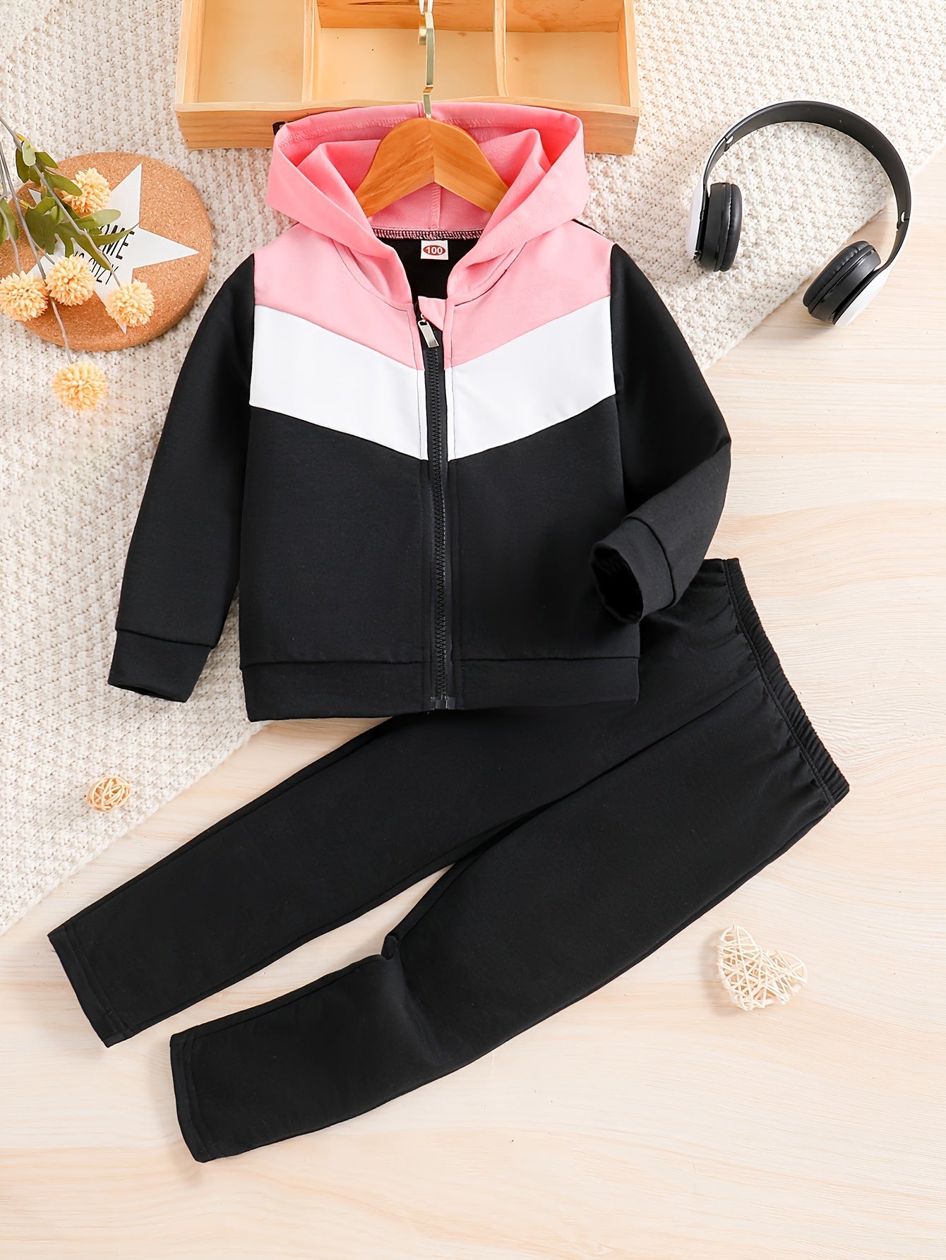 2pcs Girl's Zipper Hoodie Outfit, Color Clash Jacket & Pants Set, Sporty Style, Toddler Kid's Clothes For Spring Fall