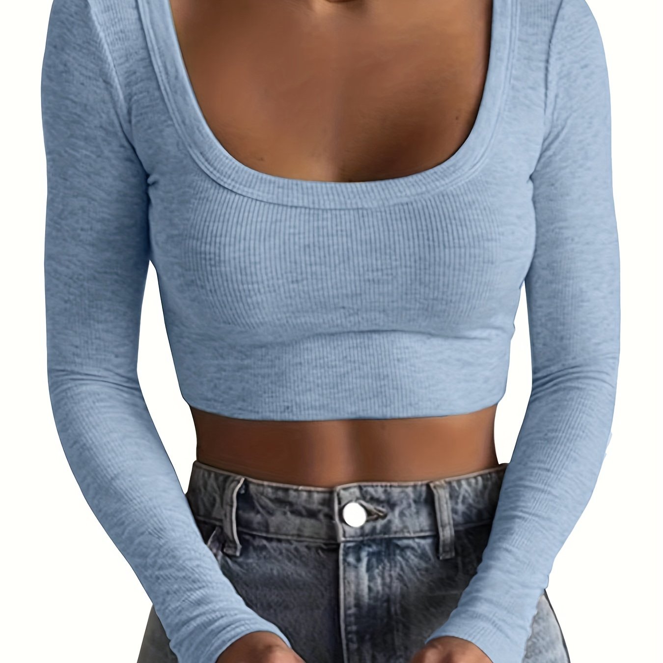 All-Season Chic Scoop Neck Crop Top – Slim & Stylish Long Sleeve, Solid Color, Easy-Care Rib-Knit Tee for Women