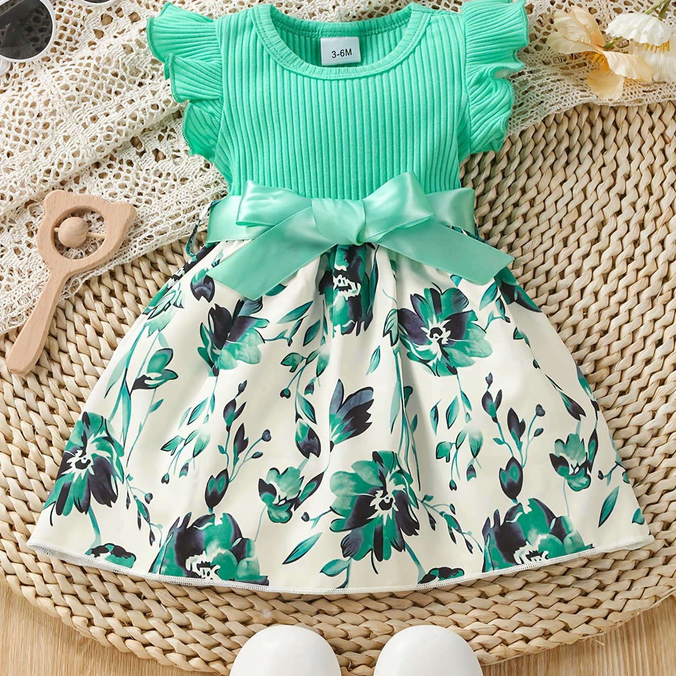 Baby Girls Cute Butterfly Graphic Print Ruffled Sleeve Belted Dress, Kids Summer Comfortable Clothes