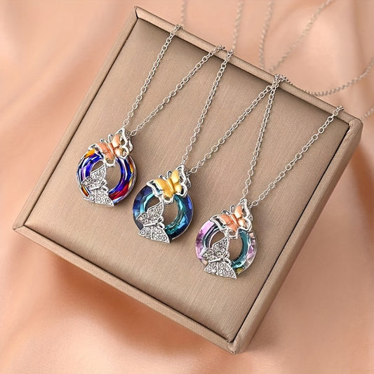 3pcs Colorful Butterfly Pendant Necklaces, Simple Fashion For Girls, Memorial Day Valentine's Day Gift
